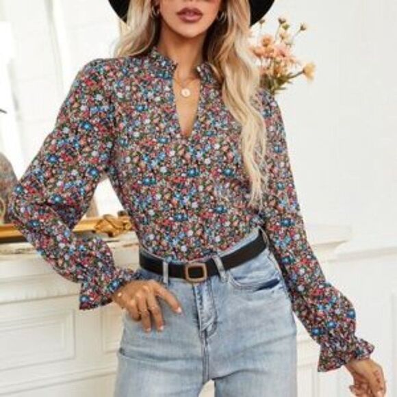 Boho Blue Pink Floral Ruffle Puff Sleeve Top - Picture 4 of 12